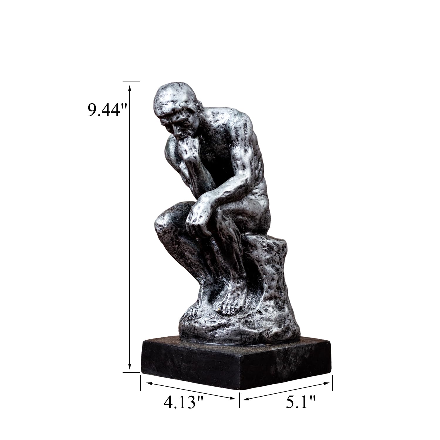 The Thinker gothic silver bronze statue size chart showing 9.5 inch height and base dimensions