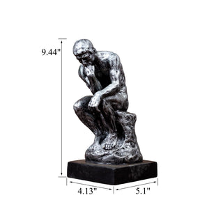 The Thinker gothic silver bronze statue size chart showing 9.5 inch height and base dimensions