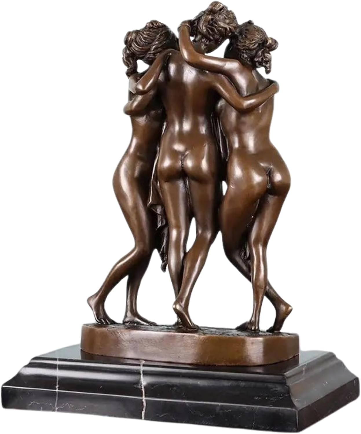 Back view of the Three Graces bronze statue highlighting the 360-degree artistic detail.