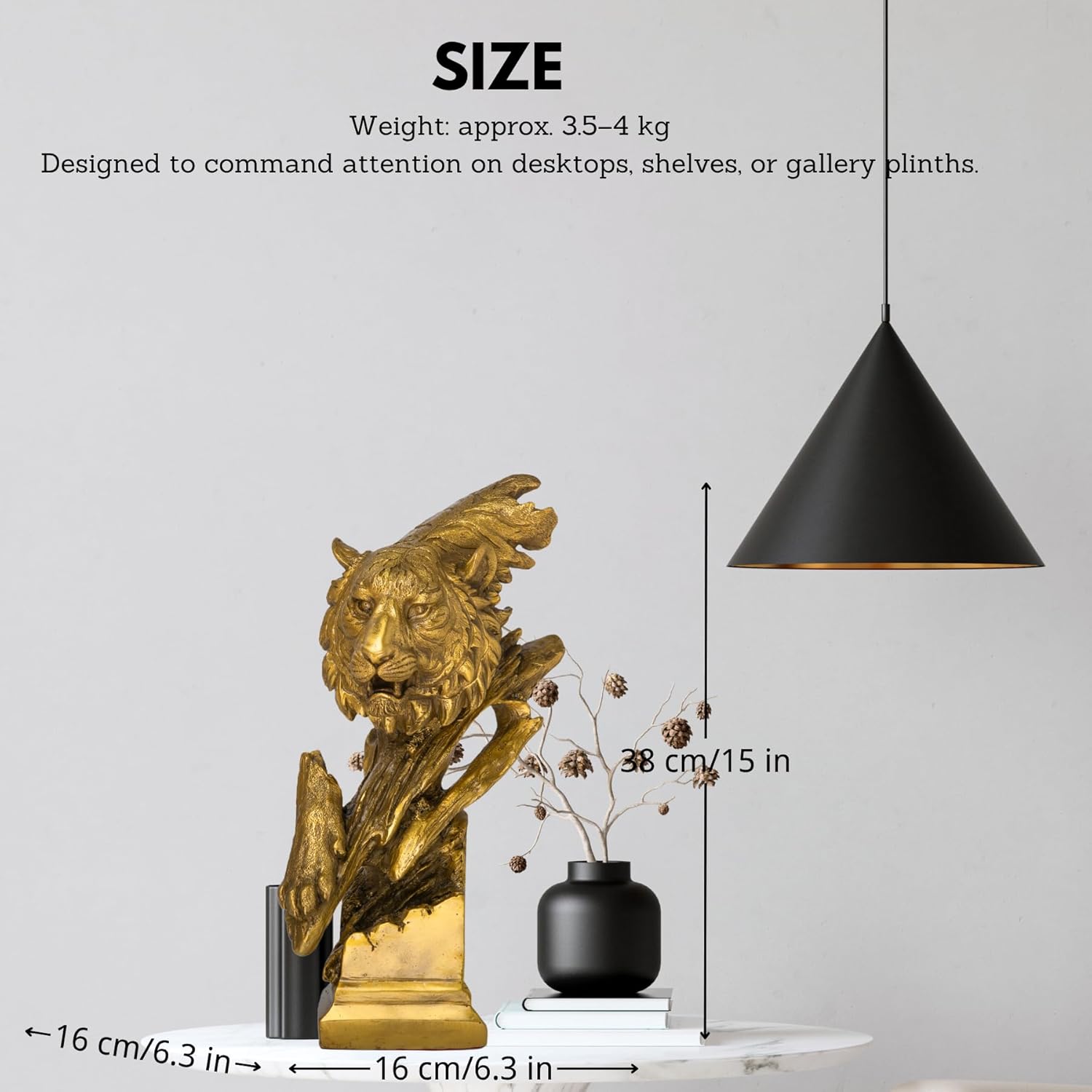 Dimensions of the 15-inch golden tiger head bronze statue for office desk display