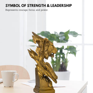 Golden tiger head bronze sculpture symbolizing strength and leadership in modern interior