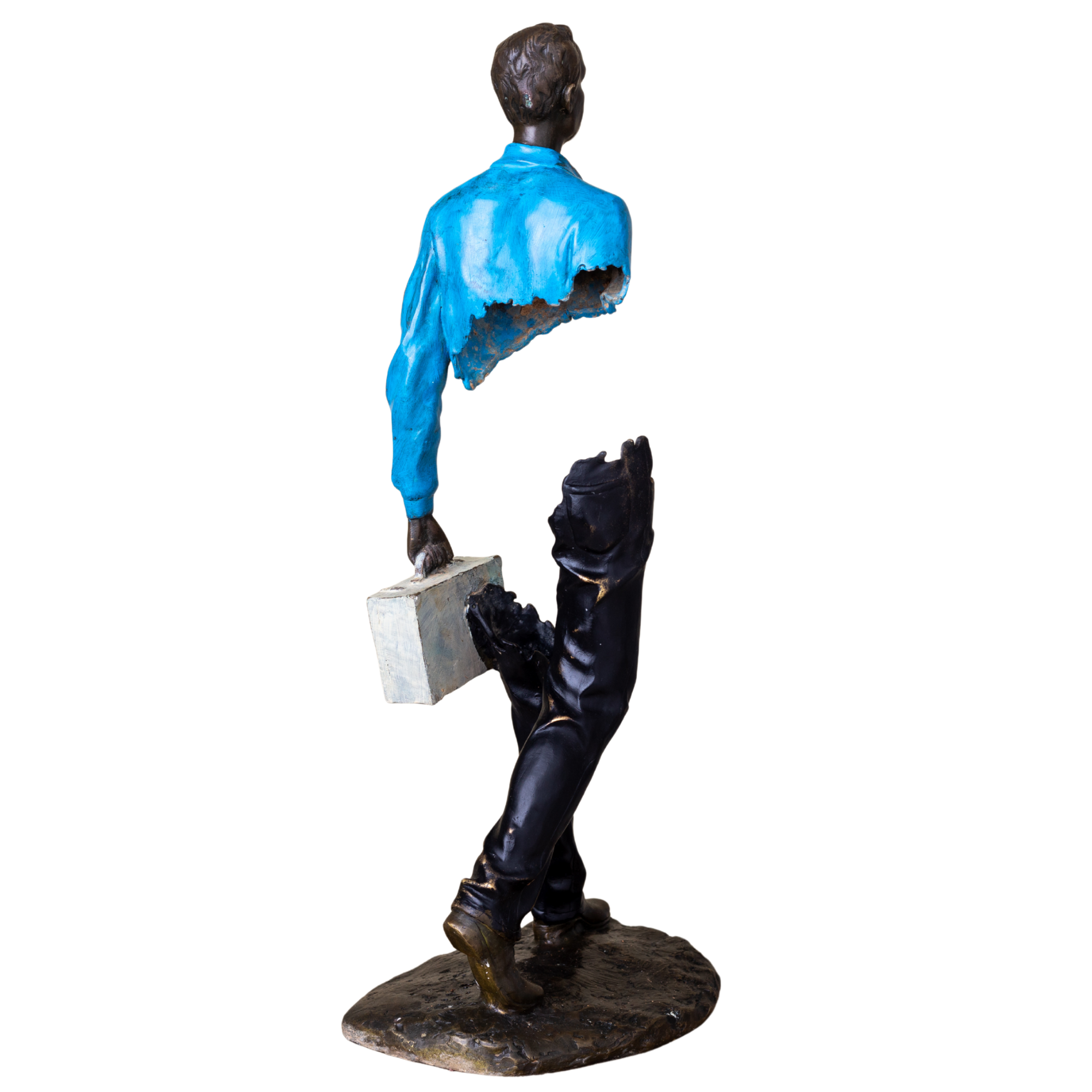 Close-up of the light green hand-painted bag on the blue bronze traveler statue