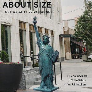 Verdigris blue bronze Statue of Liberty about size reference at entrance steps showing 27.5 inch height and 26 lbs weight