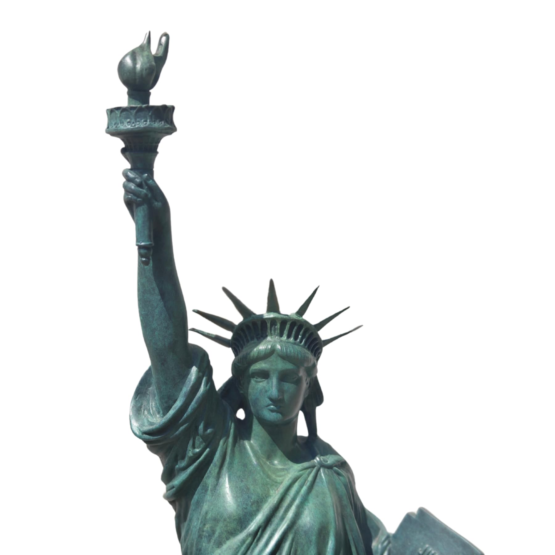 Verdigris blue bronze Statue of Liberty front full body view on white background showing torch and tablet