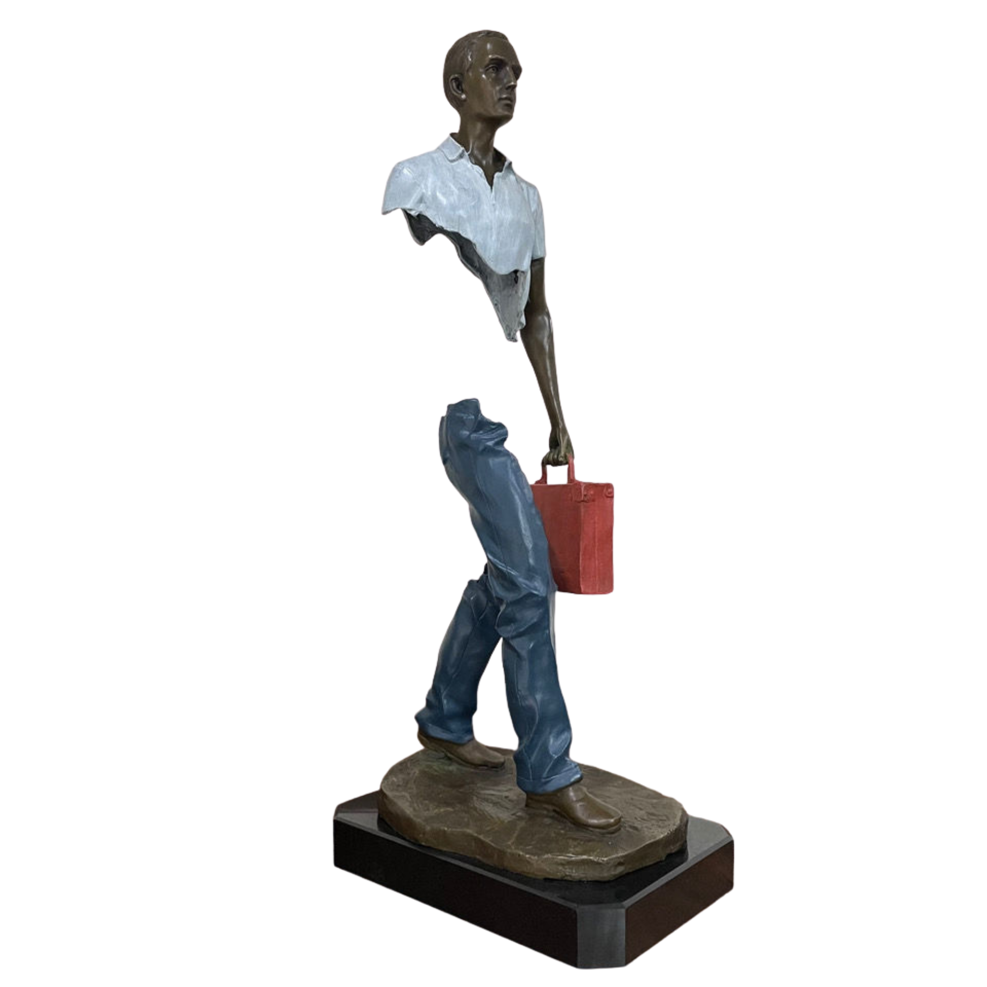 Detailed view of the vibrant red bag accessory on the greyish white bronze traveler