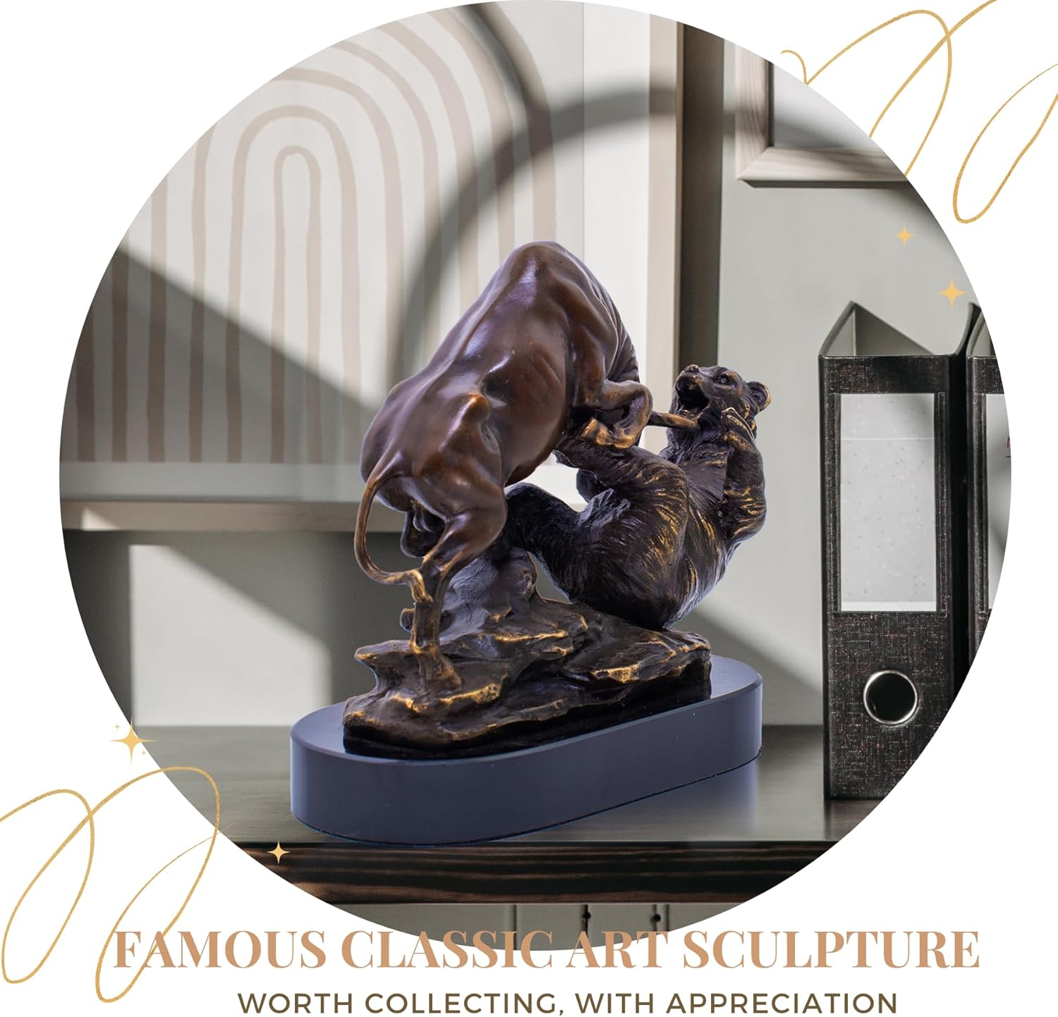 Financial market bull and bear battle statue, side profile.