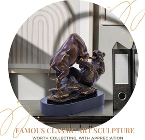 Financial market bull and bear battle statue, side profile.