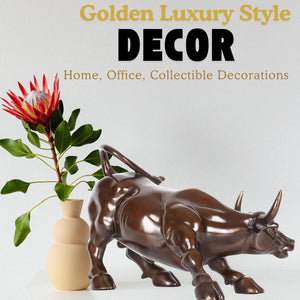 Dynamic angle view of the handcrafted brown brass bull art.
