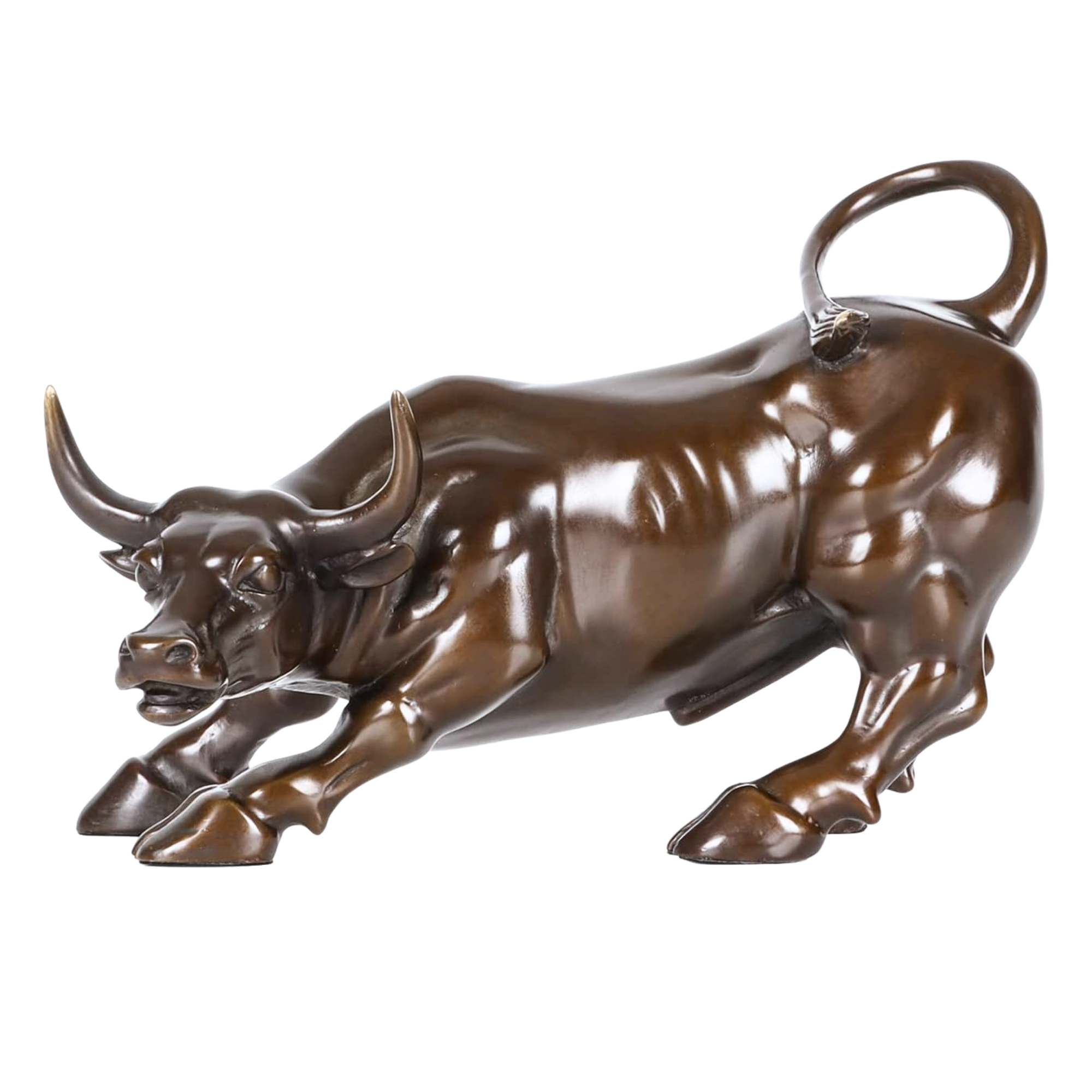 Handcrafted classic brown brass Wall Street charging bull figurine.