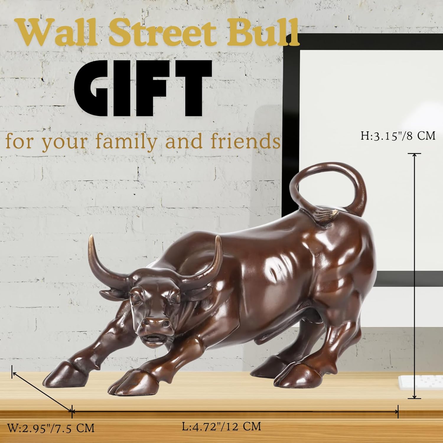 Side profile of the classic brown brass Wall Street bull statue.