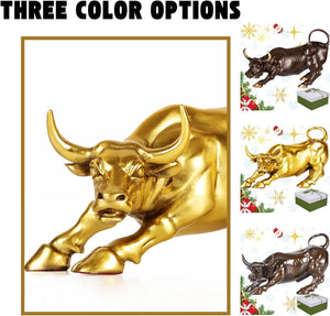 Intricate hide and muscle details of gold brass bull art.