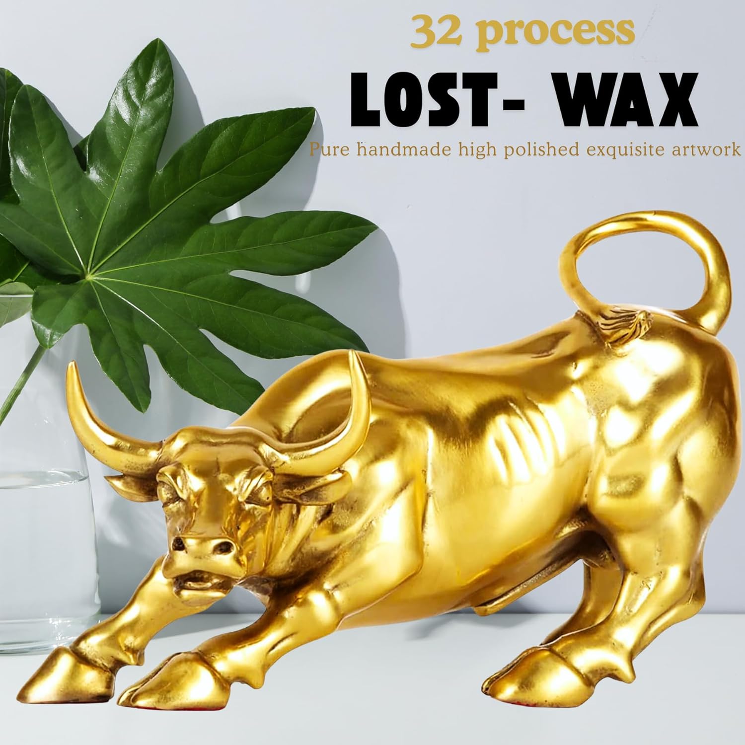 Unique gold brass charging bull used as holiday decor.