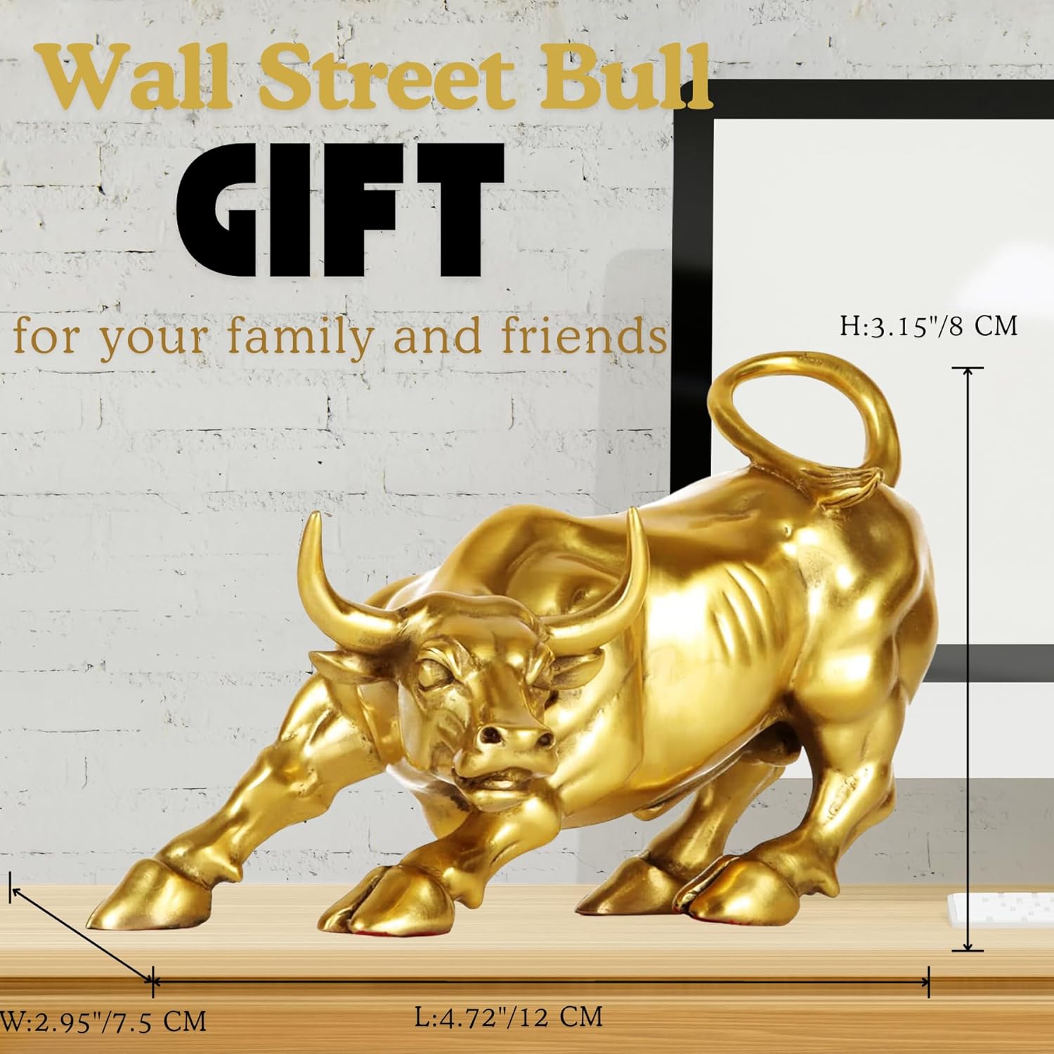 Size reference chart for 4.8-inch gold brass bull figurine.