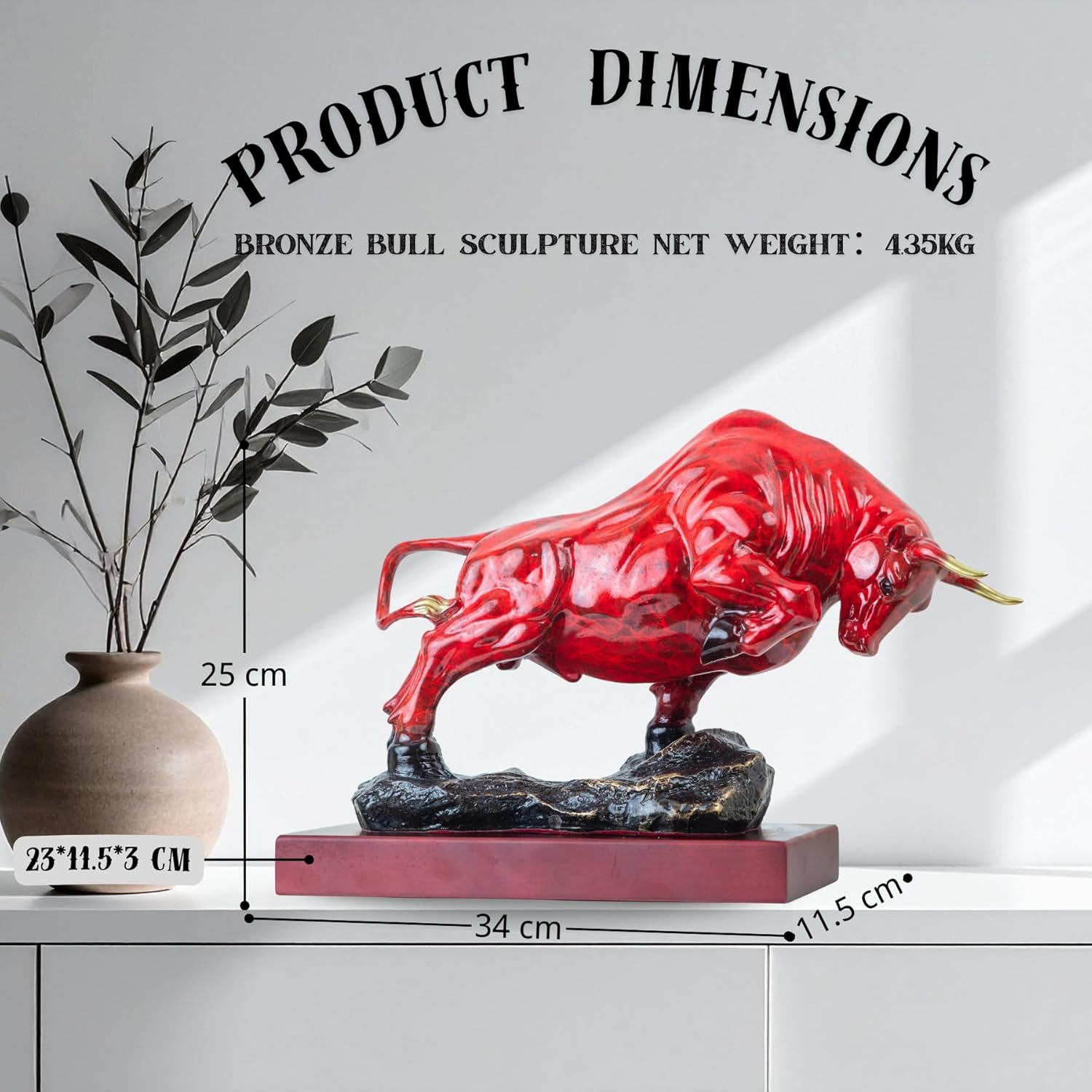 Red patina Wall Street bull statue on wood base, side profile.