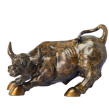 Charging bull bronze statue with unique patterned artistic patina finish