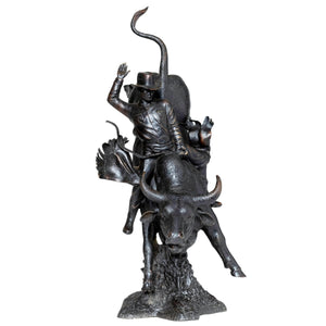 Front view of 17.7 inch Western bull rider bronze statue with vintage black patina finish