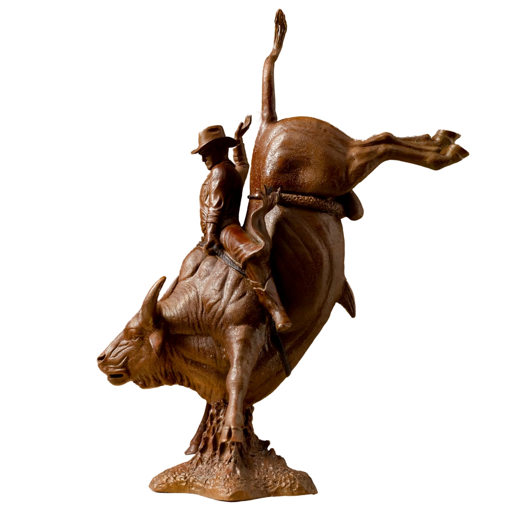 Rear view showing the intricate details of the brown bronze cowboy statue
