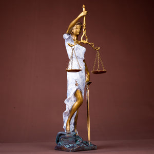 White finish Lady Justice Themis statue front full body view on warm brown background