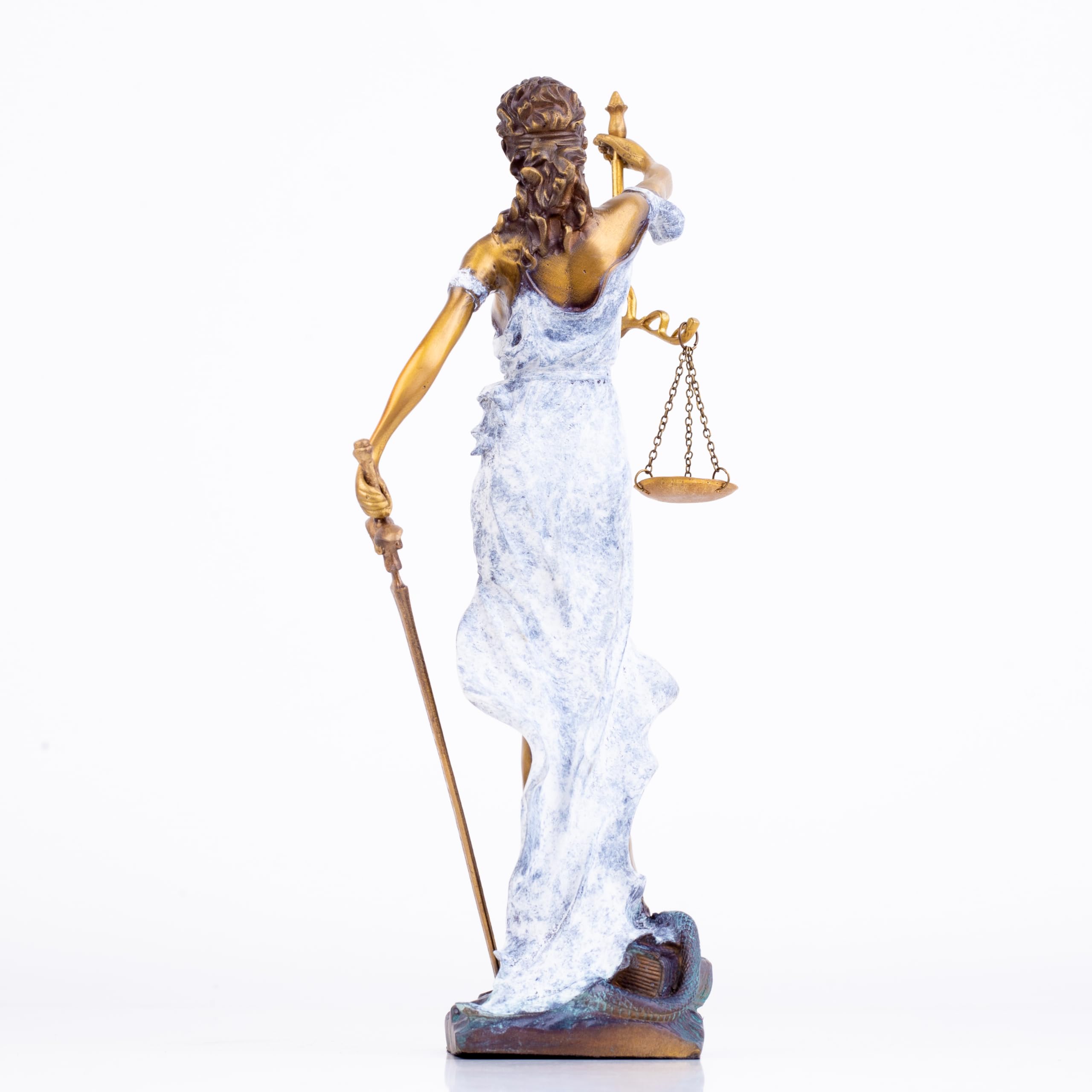 white Lady Justice Themis statue full body side view on warm brown background