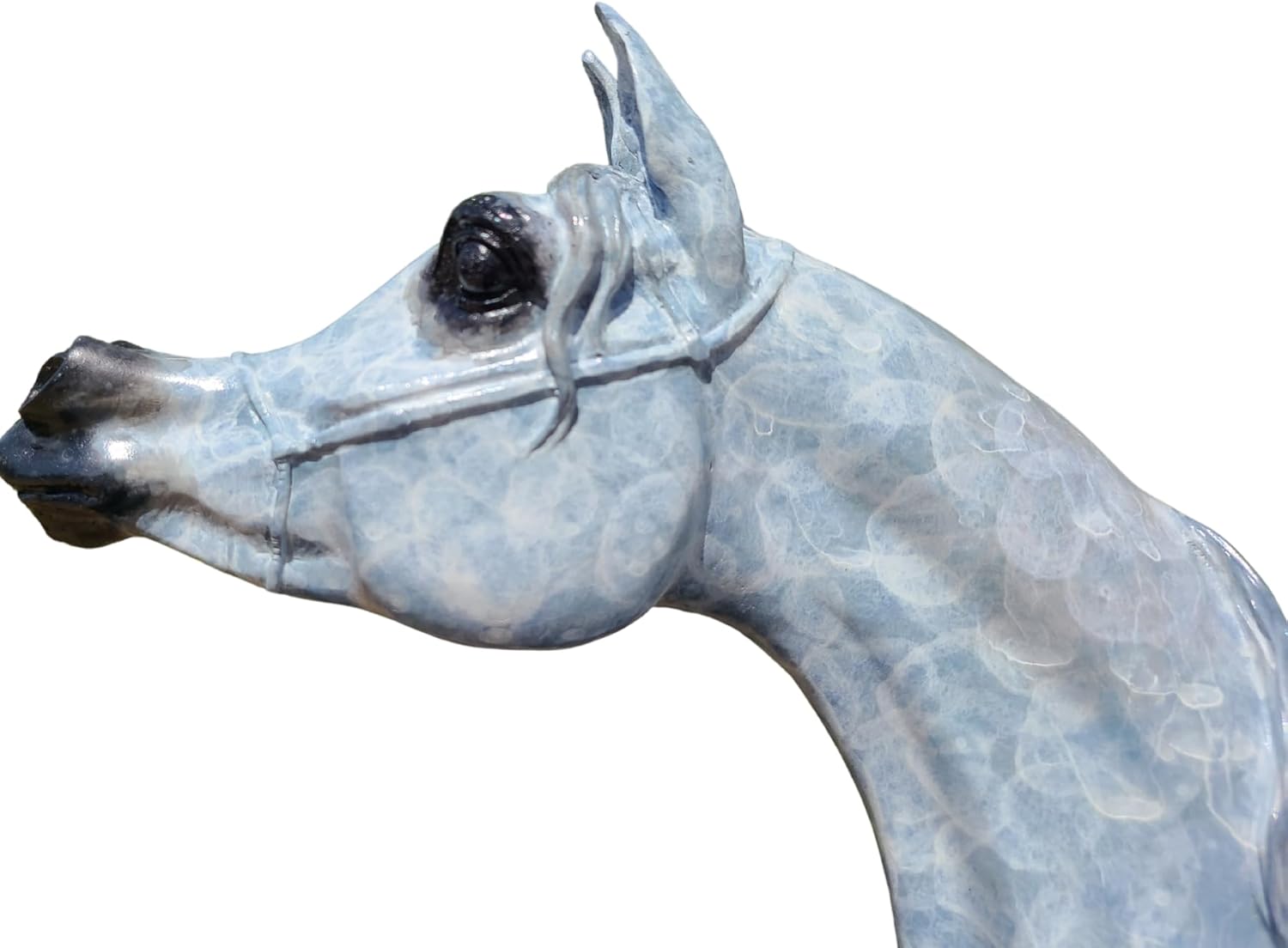 Close-up side detail of white patina bronze Arabian horse head sculpture showing facial features and texture