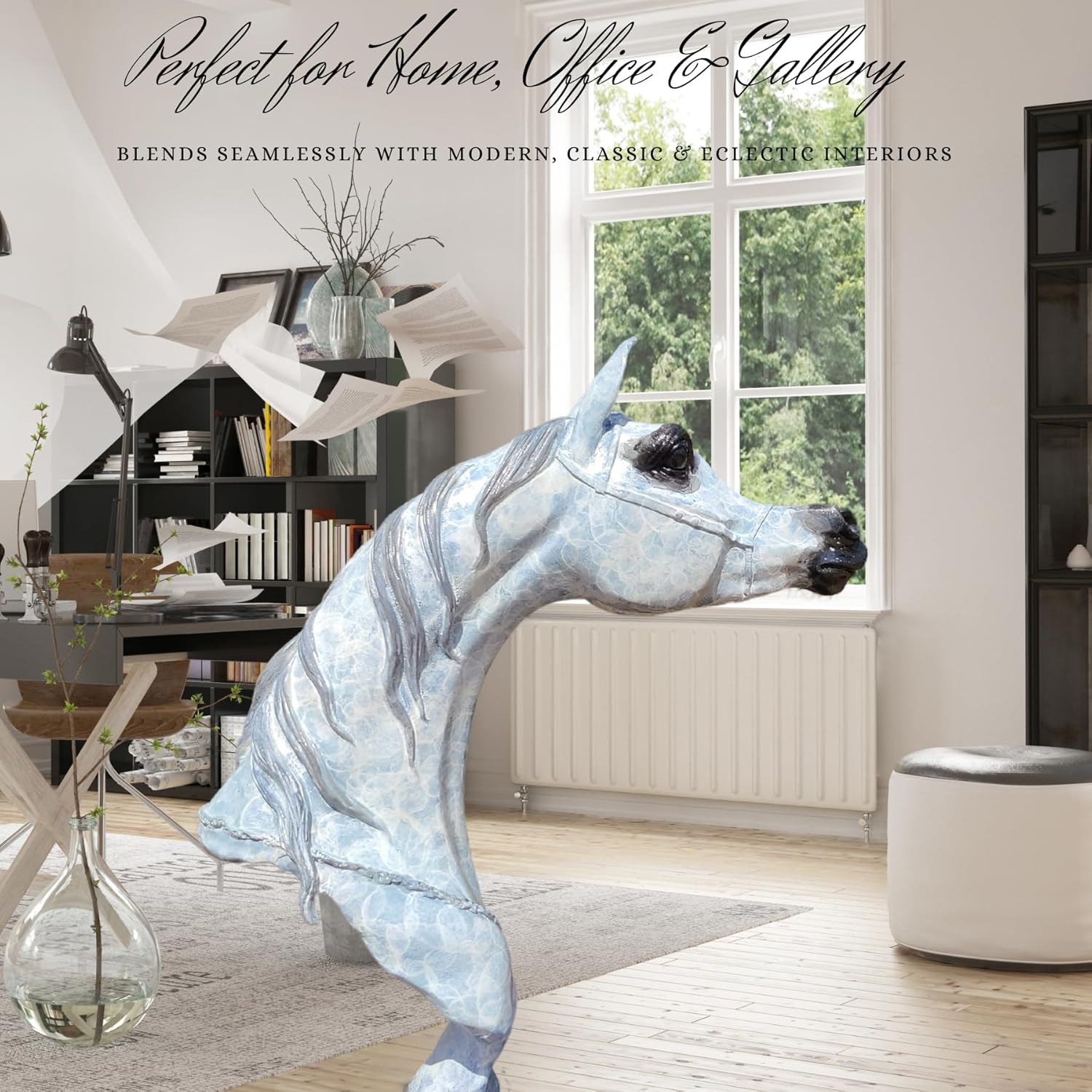 White patina bronze Arabian horse head sculpture displayed near kitchen island in modern interior setting