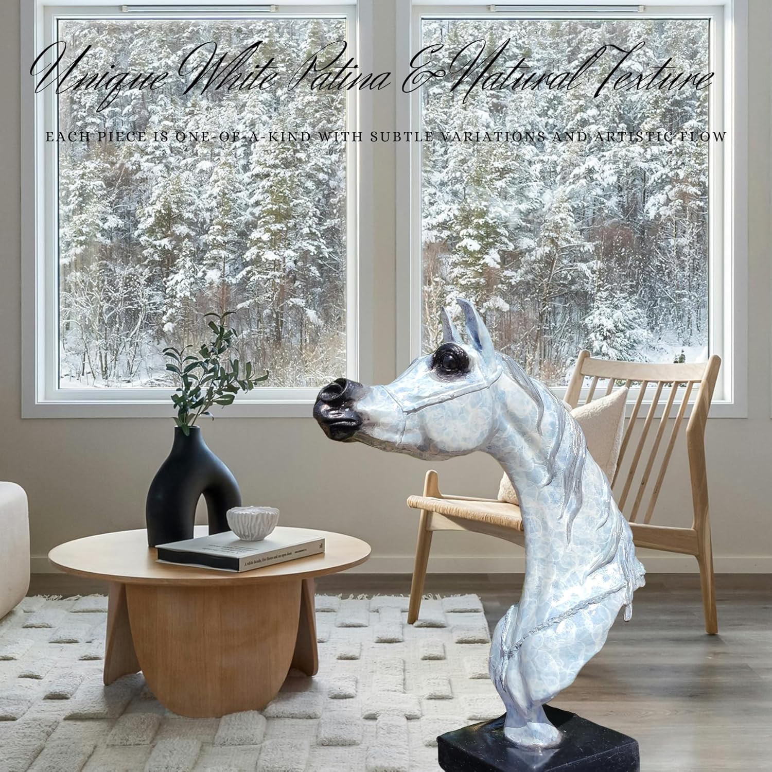 White patina bronze Arabian horse head sculpture displayed on coffee table in modern interior with vase decor