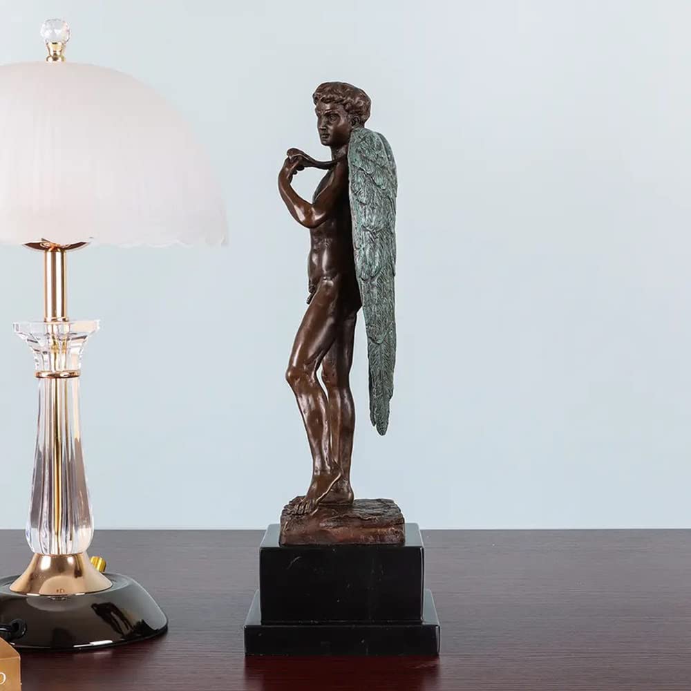 Left side view of winged David bronze sculpture on dark wood surface showing wing and body profile