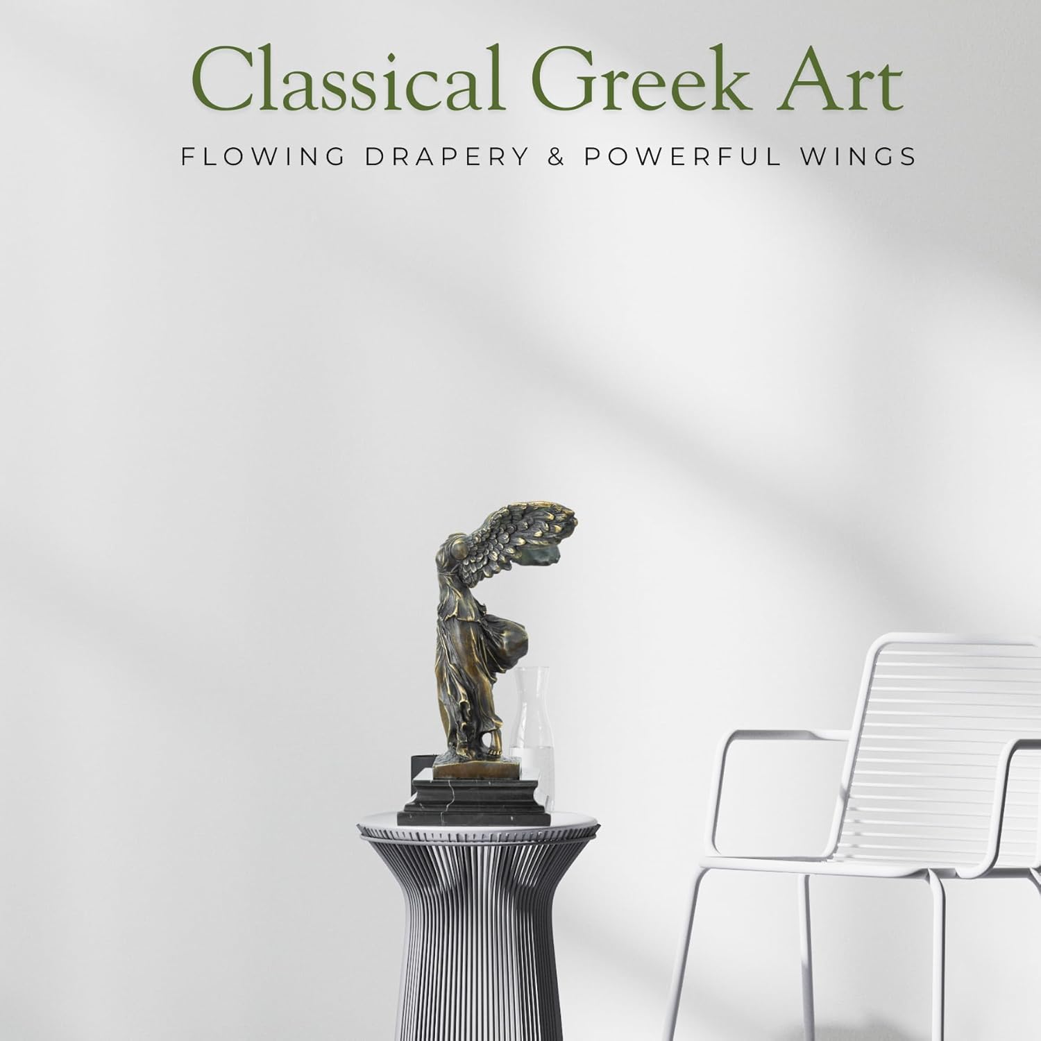 Classical Greek art Winged Victory bronze sculpture side view showing flowing drapery detail