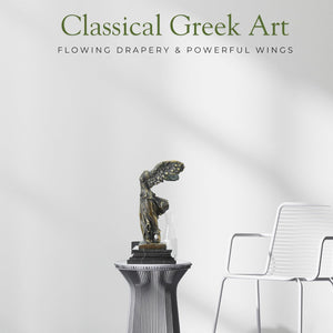 Classical Greek art Winged Victory bronze sculpture side view showing flowing drapery detail