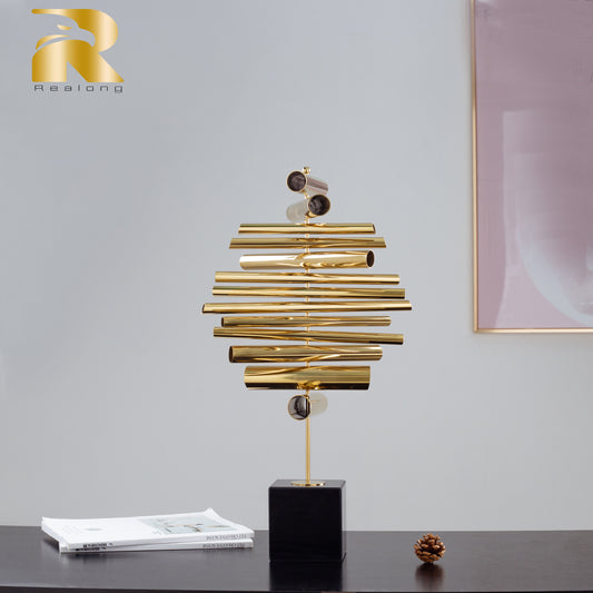 Modernism Creative Geometric Light Luxury Art Metal Ornament, 21.6'' Golden Stainless Steel Statue with Marble Base, Suitable for Home Hotel Office Decoration, Collection, Gift