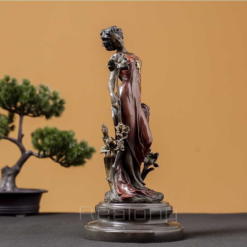 30cm Beautiful Flora Goddess Statue Girl Figurine Bronze Sculpture Western Europe Person Bronze Statue Vintage Art Home Decor